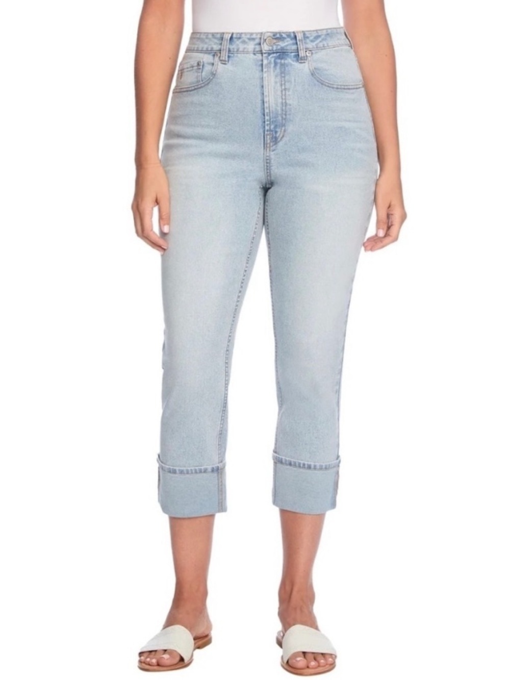 FRYE Women’s Light Acid Wash Straight Leg Fold Up Jeans - Light Blue size 16/34
